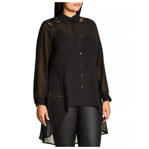 City Chic Black Lace Yoke Sheer High Low Blouse Sz XXL
